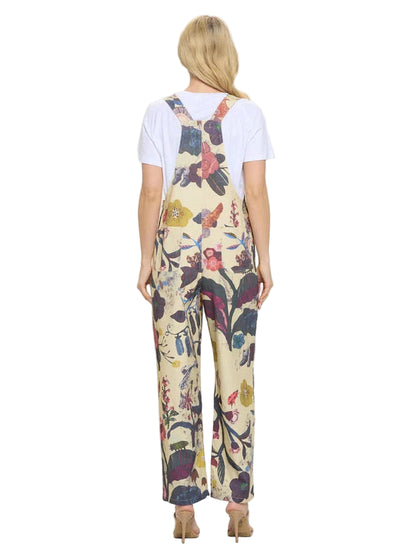 Overalls Floral&amp; Bird Print Beige Print Women's SM24004