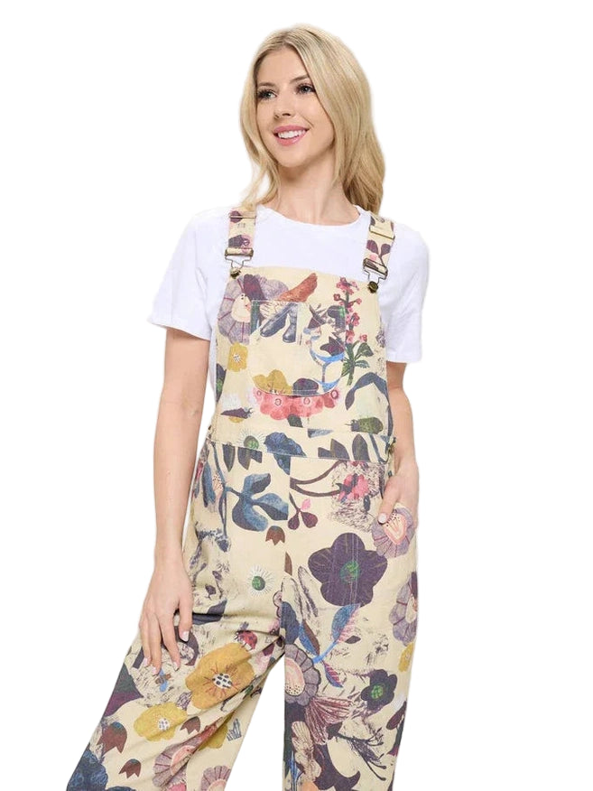 Overalls Floral&amp; Bird Print Beige Print Women's SM24004