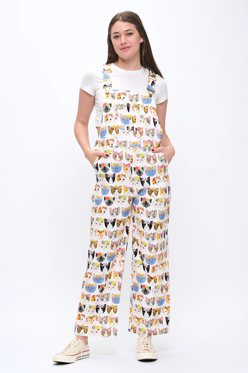 Overalls Floral Crown Cats Print  Women's Aw2585