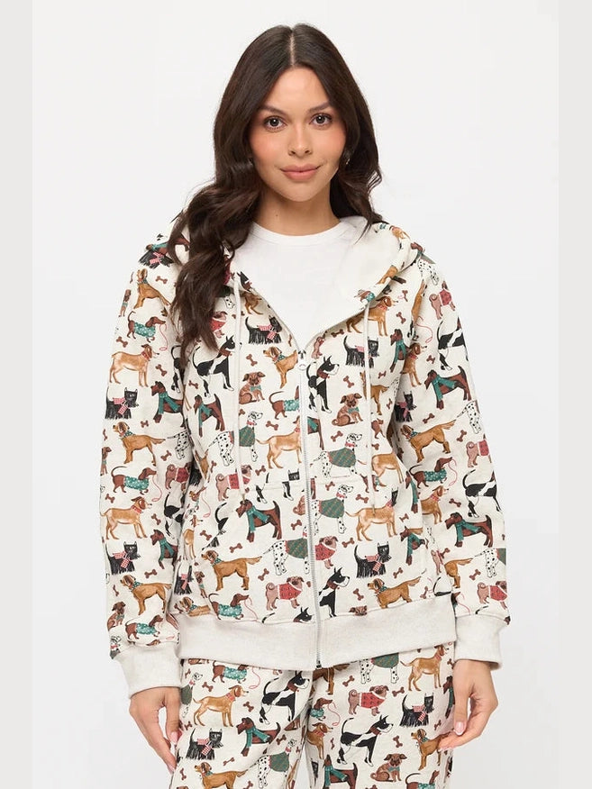 Jacket Holiday Dog Print Zip-Up 2 Pocket Hoodie HO16