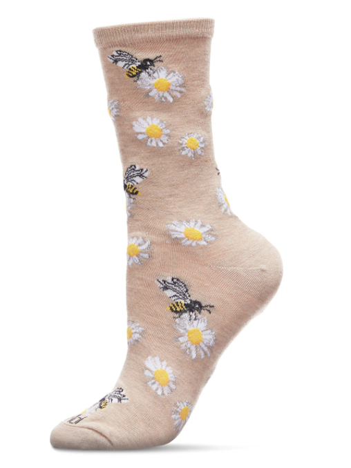 Women's Sock&nbsp; Oatmeal Heather Daisey Bees&nbsp;Bamboo Crew 9-11&nbsp;Mcv06811