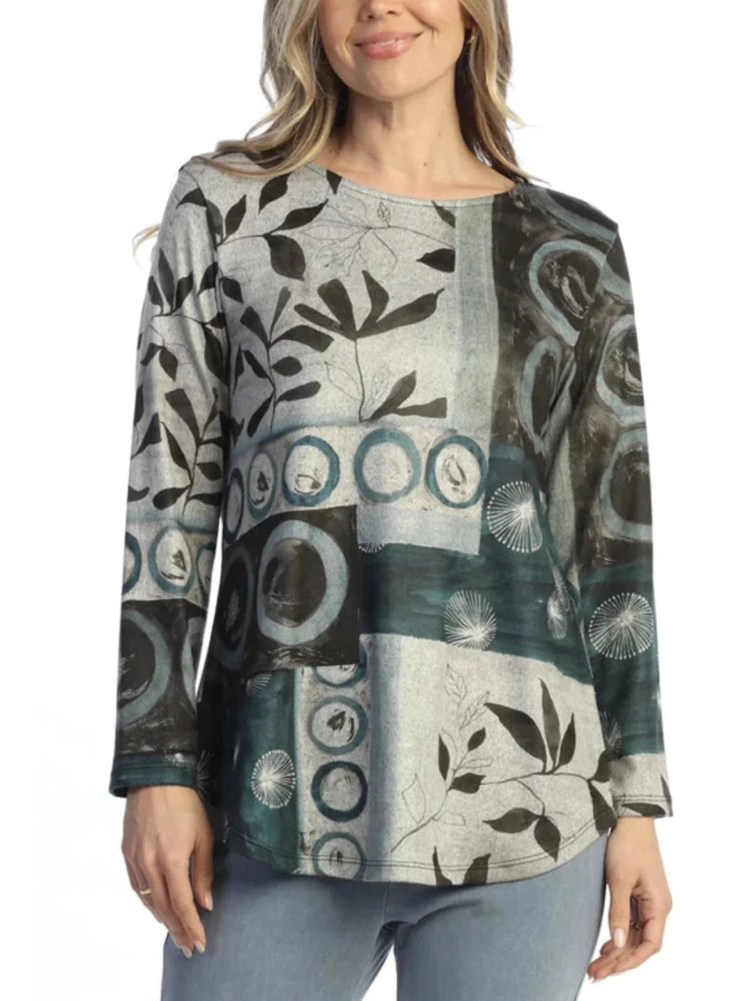 FB10-2268 Nora Tunic Multi Grey Abstract Long Sleeve Side Slit&nbsp; Women's