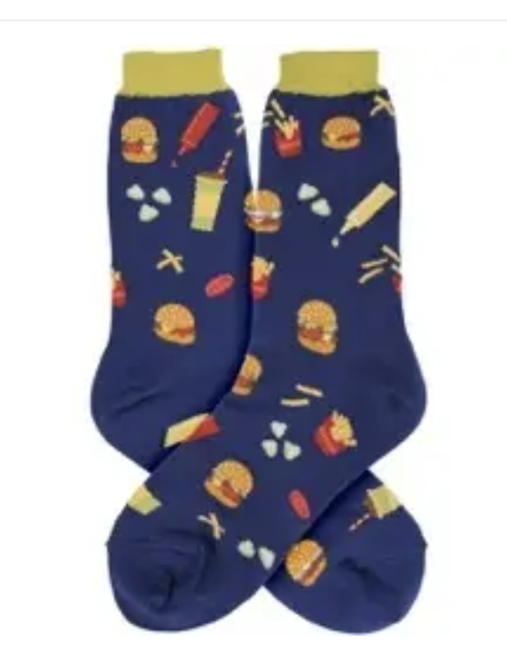 Women's Socks - Novelty, Crew sock, Fun - Burgers Fries Shakes 