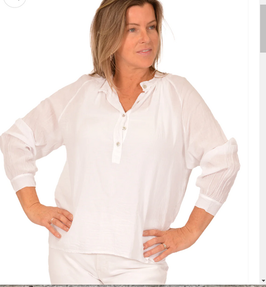 Womens- White Light Cotton 1/2 Button Down Long Sleeve Shirt - Made In Italy - Itel723300wh- 