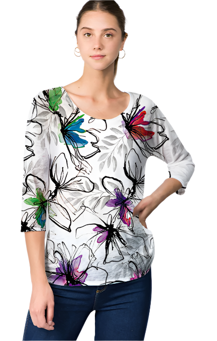 Shirt 3/4 Sleeve Multi Color White Abstract Fiona C2001781 