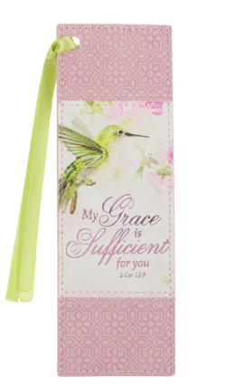 Bookmark My Grace Is Sufficient Pink Hummingbird Faux Leather BMF176