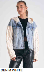 Denim Jacket with Knit Sweater Sleeves & Hood 