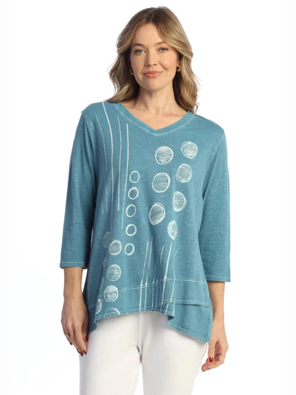 Jess &amp; Jane Wk8-1627 Dot N Line Blue/White Dots V-Neck Tulip Hem 3/4 Sleeve Women's Top