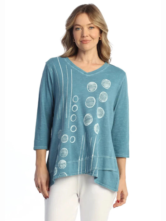 Jess &amp; Jane Wk8-1627 Dot N Line Blue/White Dots V-Neck Tulip Hem 3/4 Sleeve Women's Top