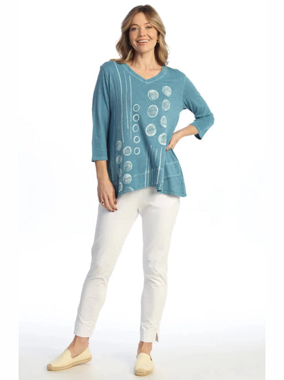 Jess &amp; Jane Wk8-1627 Dot N Line Blue/White Dots V-Neck Tulip Hem 3/4 Sleeve Women's Top