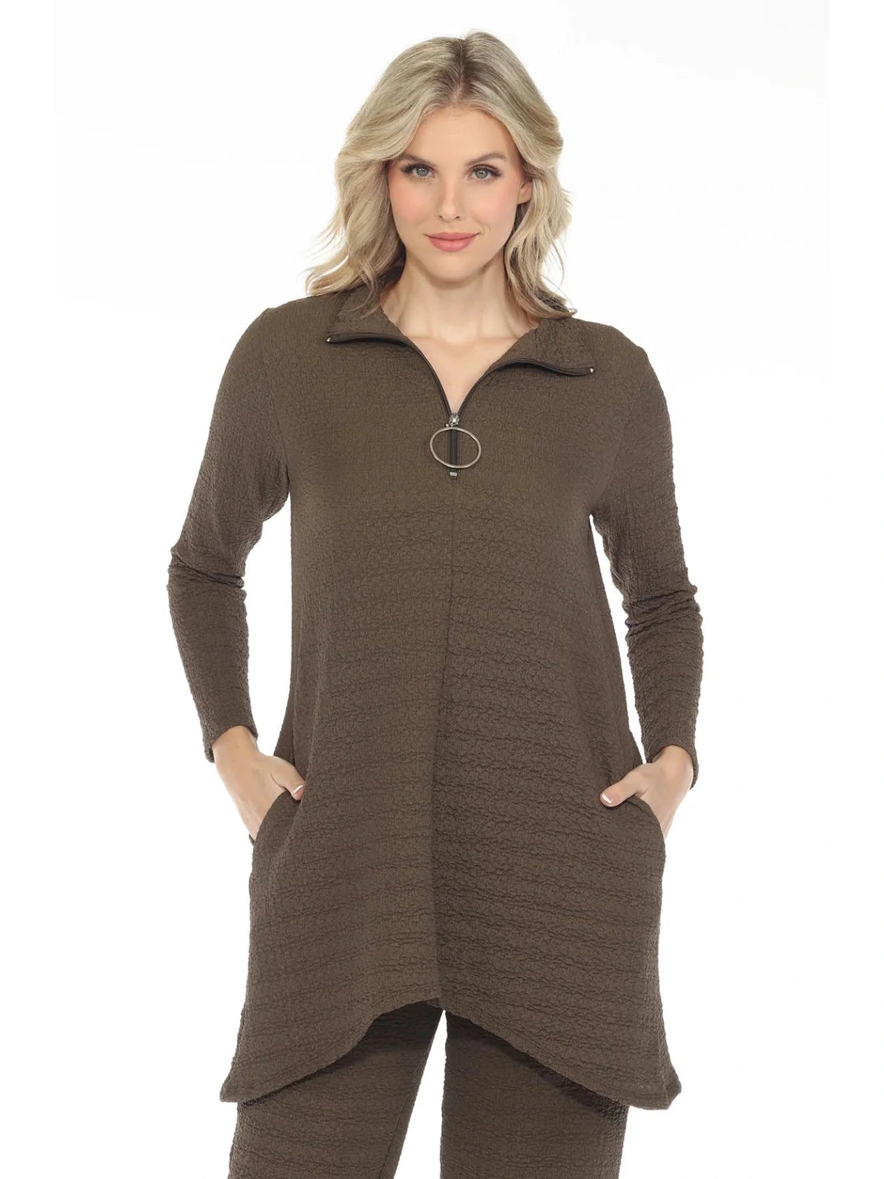 Top Pullover Olive Zipper Neck Waffle Long Sleeve Crew Neck Women's T1527wko