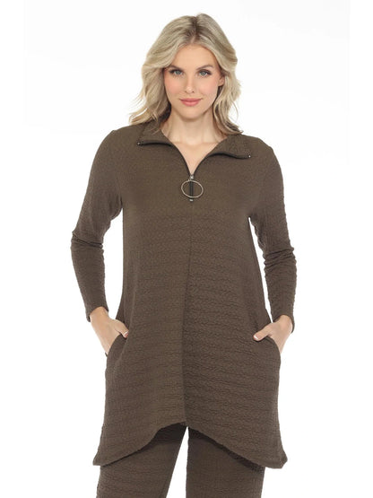 Top Pullover Olive Zipper Neck Waffle Long Sleeve Crew Neck Women's T1527wko