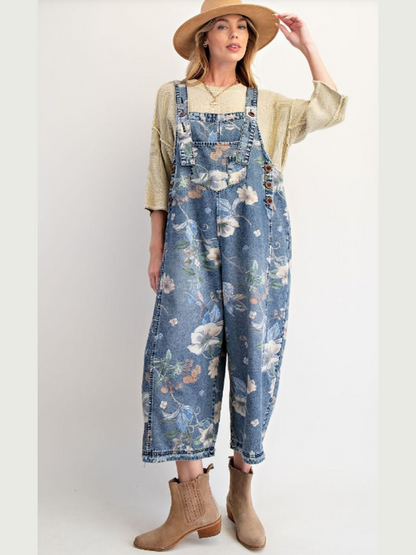 Overalls Washed Denim Flower Print Women's EB56886