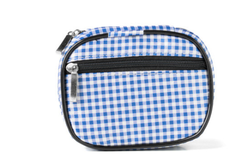 A small blue and white gingham check camera bag with black trim and a silver zipper pull, shown on a white background.