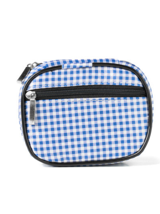 A small blue and white gingham check camera bag with black trim and a silver zipper pull, shown on a white background.