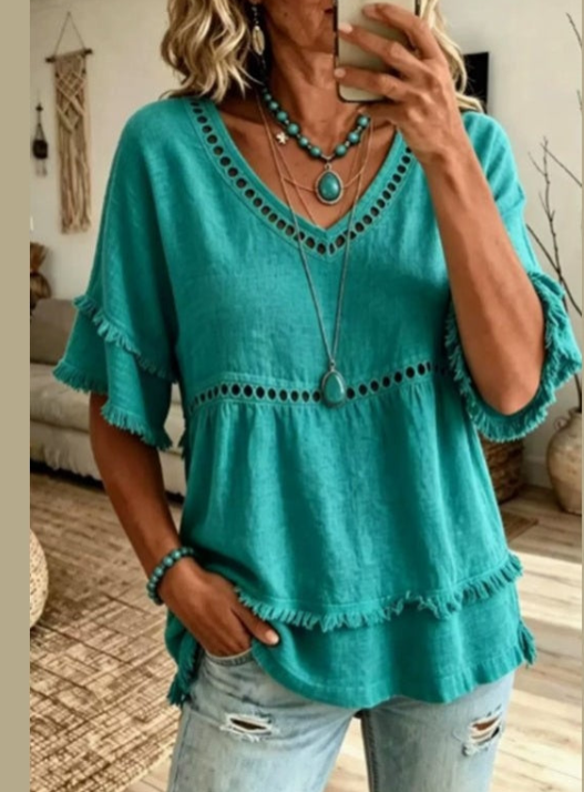 Shirt Loose Fitting Looks like Linen Turquoise  FRS9625