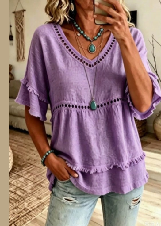 Shirt Loose Fitting Looks like Linen Purple   FRS9625