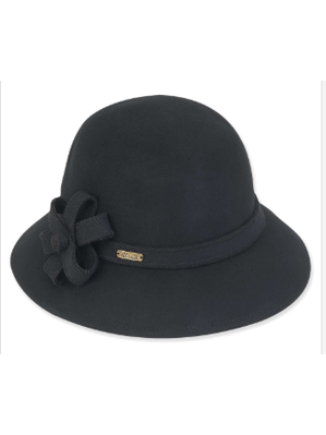 Sun n Sand-Hat Black/Black Trim Wool Felt Cloche 2.5" Brim Women's-AD987A