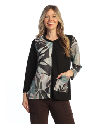 Nb7-2263 Neo  Flora Black Multi  Abstract 1 Pocket Tunic Top Women's