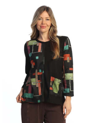 Nb7-2233 Urbana Black Multi  Abstract 1 Pocket Tunic Top Women's
