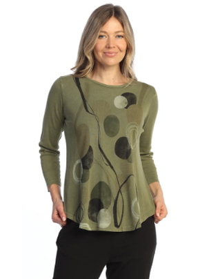 M80-2273 Dream Dots Moss Green  Retro Curved Hem 3/4 Sleeve  Tunic Women's Top