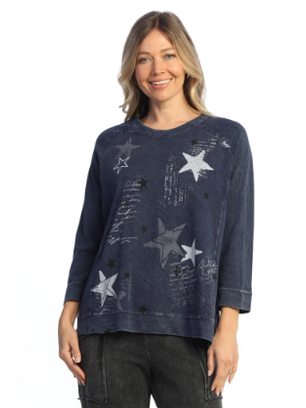 M51-2284  Denim Blue Lumi Star Print  French Terry Women's Top