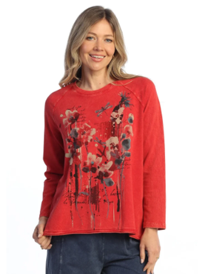 M148 Kira Scarlet Red Floral Long Sleeve Pullover Cotton Women's