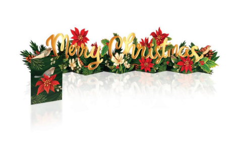 A festive Christmas pop-up card or decorative sign with the words “Merry Christmas” in gold script, surrounded by red poinsettias, green foliage, small birds, and white berries on a white background with a reflection below.