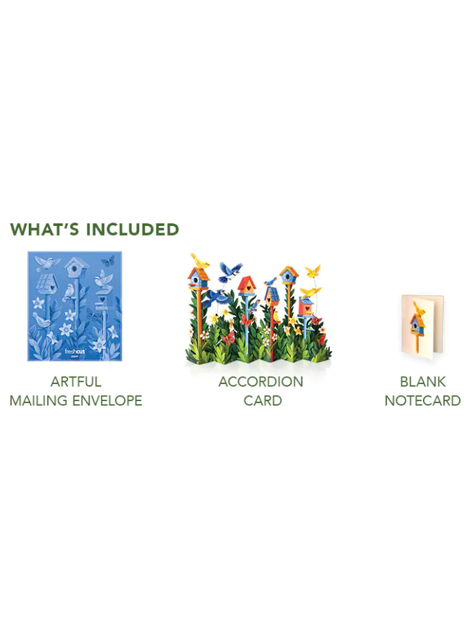A product bundle graphic on a white background showing three included items: a blue artful mailing envelope with birdhouse and bird illustrations, a colorful 3D accordion card with flowers, birds, and birdhouses, and a blank notecard. Text at the top reads 'WHAT'S INCLUDED' and labels each item below.