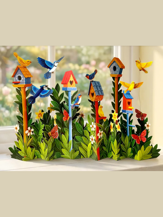 A colorful 3D papercraft garden scene featuring multiple birdhouses, birds, butterflies, and green leaves arranged on a windowsill with a blurred window background.