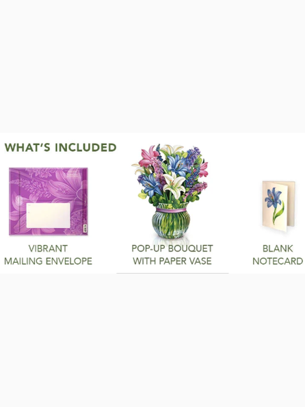 A product inclusion graphic on a white background showing three included items: a purple floral mailing envelope labeled 'Vibrant Mailing Envelope,' a colorful pop-up bouquet with a paper vase labeled 'Pop-Up Bouquet with Paper Vase,' and a blank floral notecard labeled 'Blank Notecard.' Green text at the top reads 'WHAT'S INCLUDED.