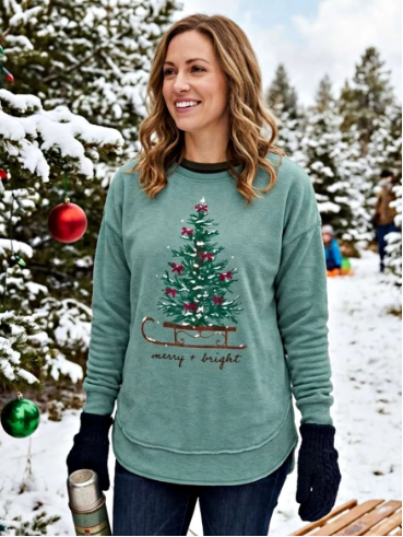 Sweatshirt Mist Green Sleigh Ride Christmas Tree Poncho Fleece Women's RDG65A23LEI