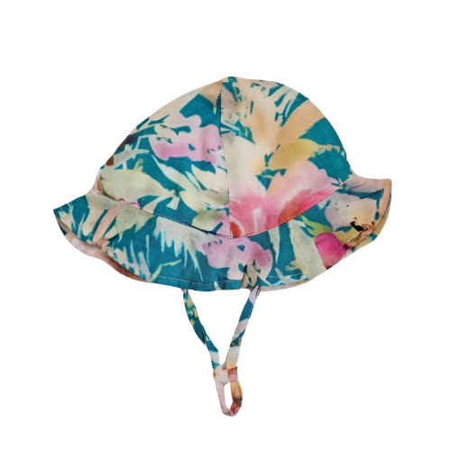 Sunhat - Baby - Tropical Teal  - 100 % Gauze / Cotton - 6 panel tie - Teal & Purples - TROTEA243 