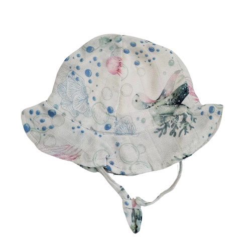 Sunhat - Baby - Happy Turtles  - 100 % Gauze / Cotton - 6 panel tie - Blues & Purples - HAPTUR243 