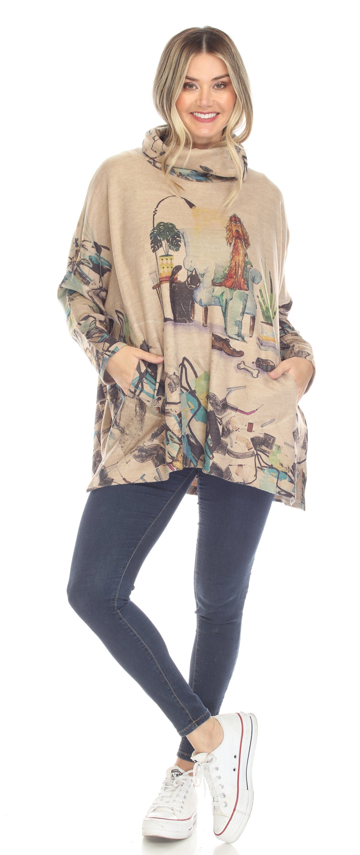 Women's Turtleneck Lightweight Sweater with Whimsy Animals 