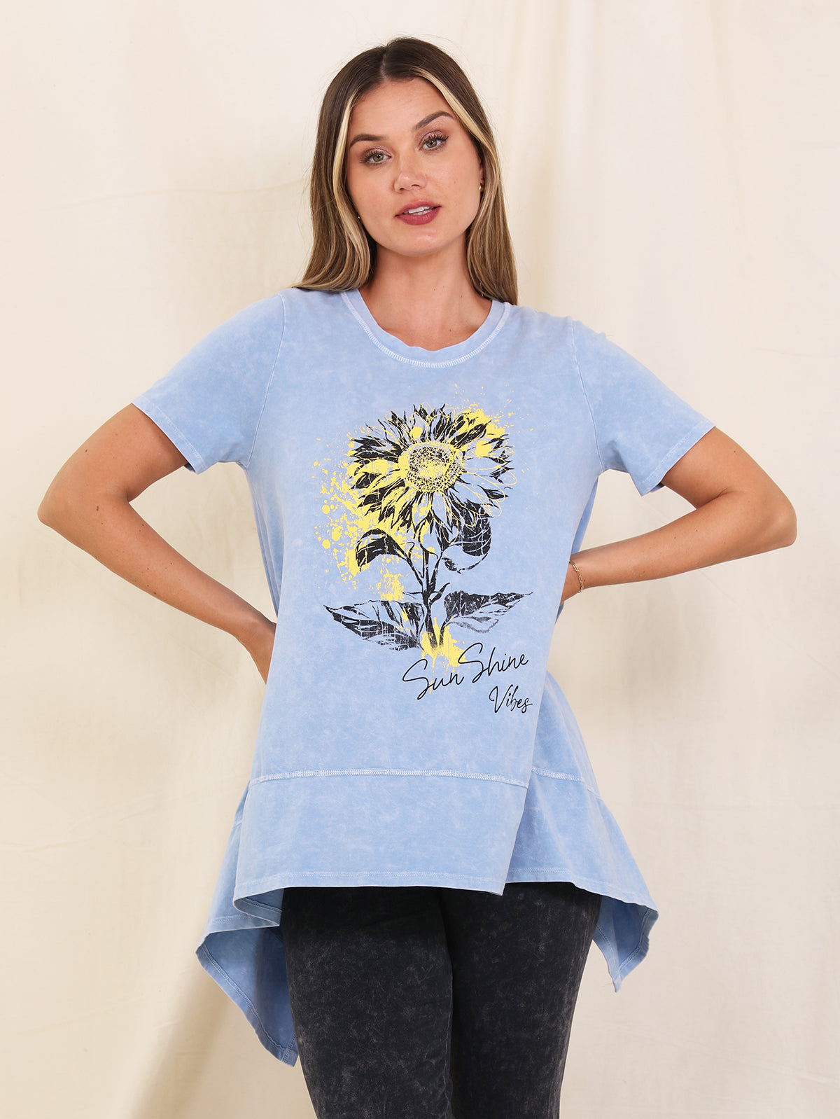 Tunic-Blue- Sun Flower-Short Sleeve-Women's-T1273cs 