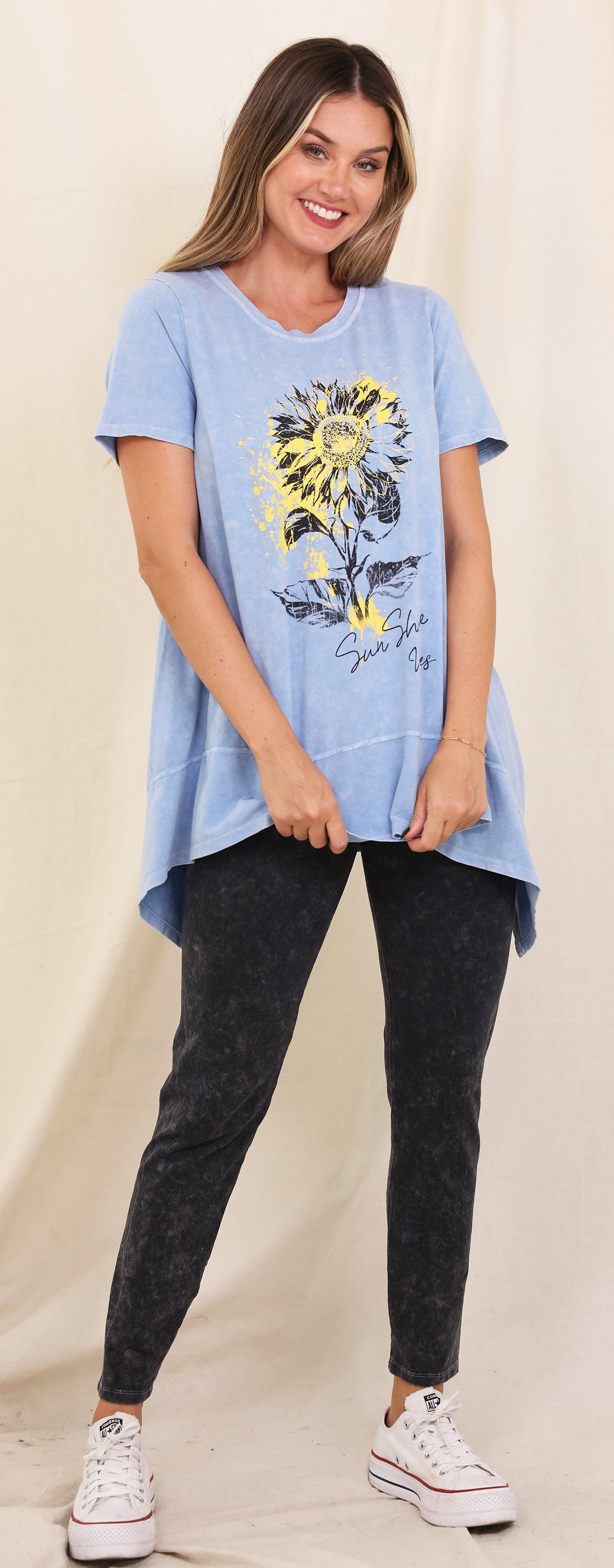 Tunic-Blue- Sun Flower-Short Sleeve-Women's-T1273cs 