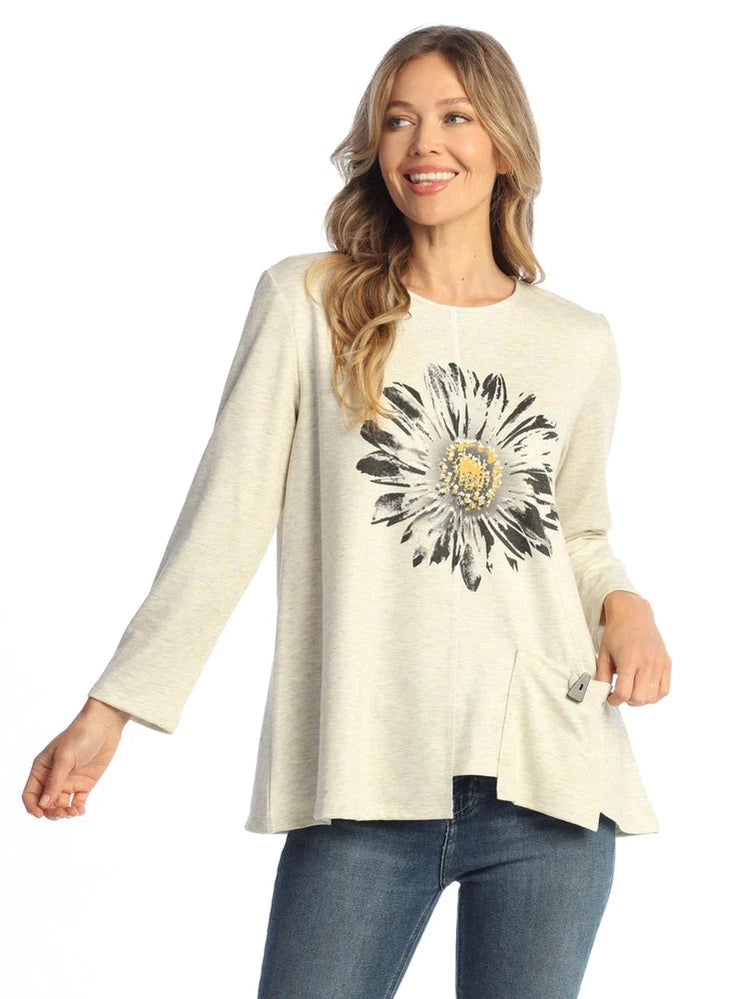 Te3-1695 Daisy Day Beige Flower 1 Pocket Long Sleeve Drop Shoulder Women's