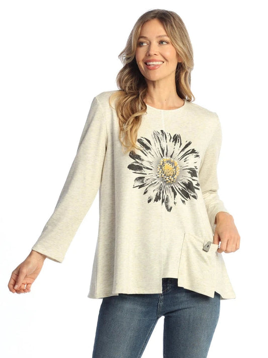 Te3-1695 Daisy Day Beige Flower 1 Pocket Long Sleeve Drop Shoulder Women's