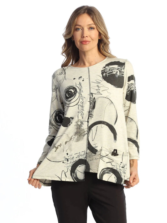 Te3-2100 Tempo  Day Beige Abstract 1 Pocket Long Sleeve Drop Shoulder Women's