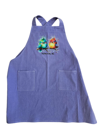 Child's Apron Purple Cotton Cross Back Cute Birds Asheville, NC logo