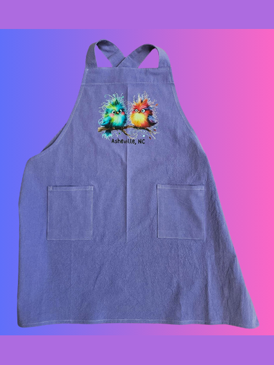 Child's Apron Purple Cotton Cross Back Cute Birds Asheville, NC logo