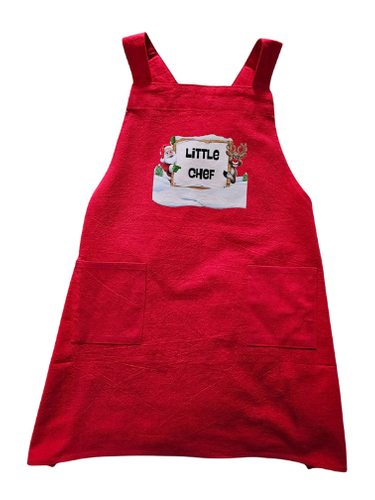 Child's Apron Red Cotton Cross back Santa & Deer Little Chef Christmas