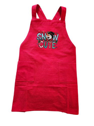 Child's Apron Red Cotton Cross back Snow Cute Snowman