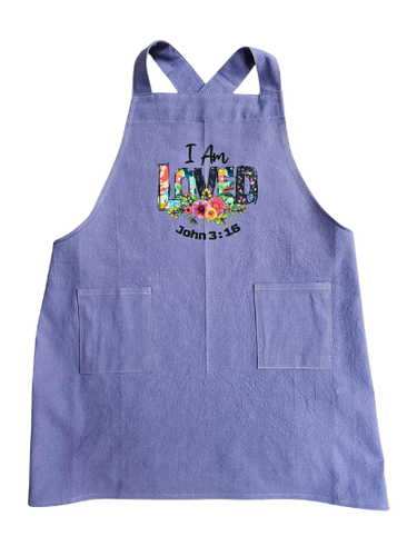 Child's Apron Purple Cotton Cross Back I Am Loved John 3:16