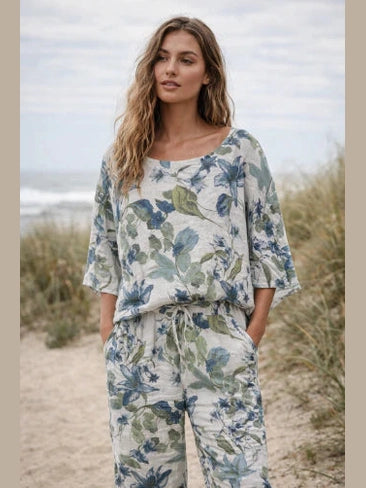 Top Pullover Jasmine Floral Linen Short Sleeve Women's One Size 148652