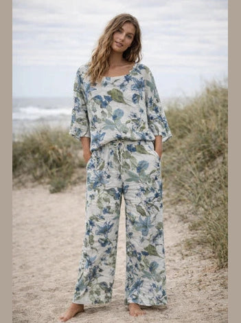 Pants Ivory Coastal Floral Linen 2 Pocket Wide Leg Women's One Size 147381