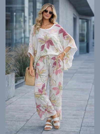 Pants White Floral Linen 2 Pocket Wide Leg Women's One Size 200613