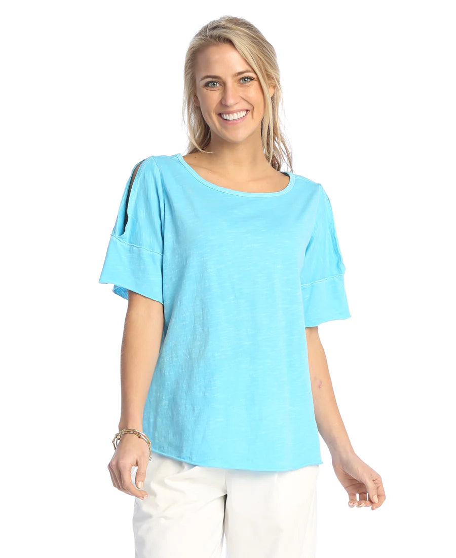 Jess & Jane Wk5-AToll Light Blue Open Shoulder Women's Top 