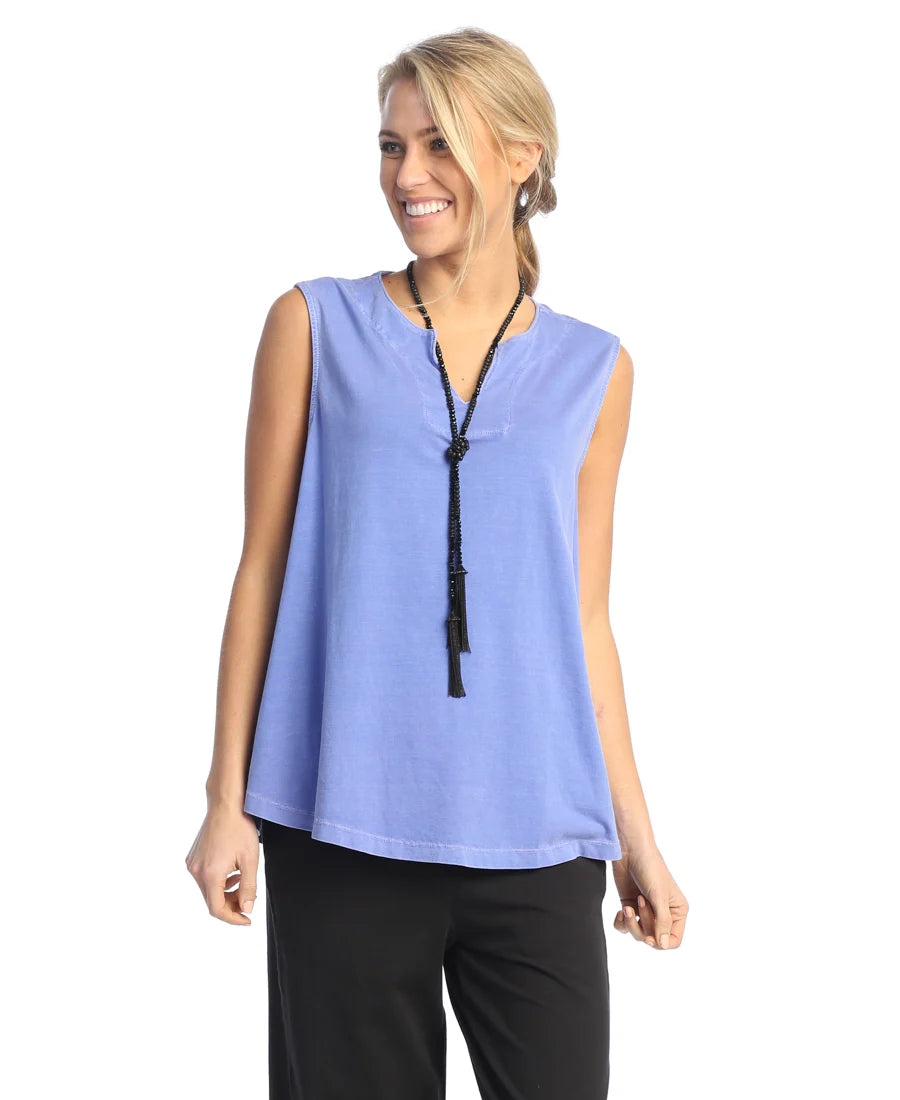 Jess & Jane Wk7-Baja Blue Sleeveless Notch Neck Women's Top 